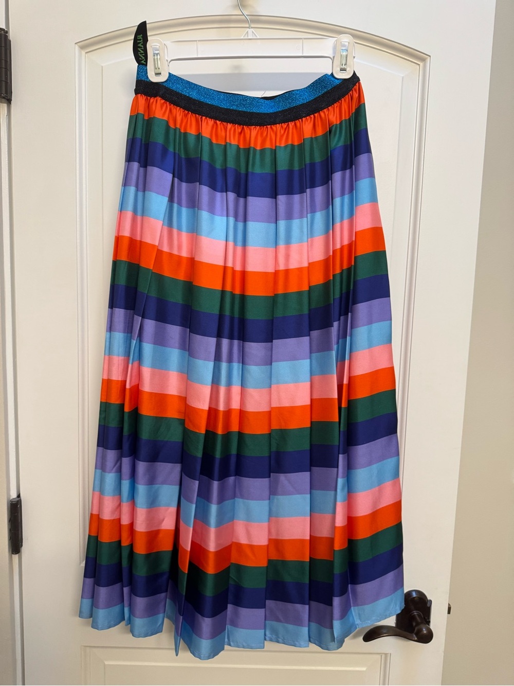 Rihanna Multicolor Striped Maxi Skirt with Blue Glitter Waistband